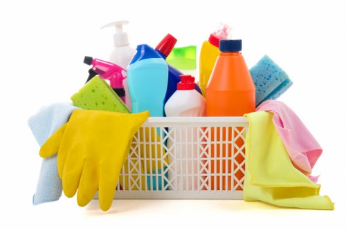 Deep cleaning supplies and organized home cleaning setup