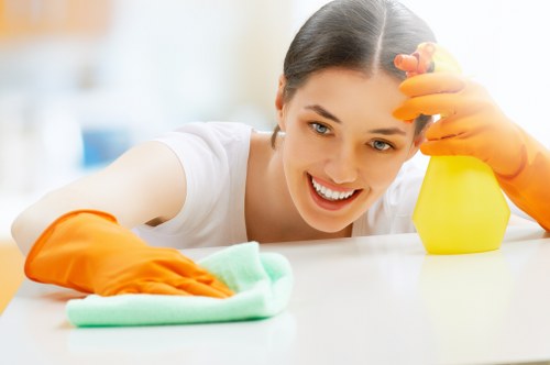 Kitchen deep cleaning with surfaces and appliances being cleaned